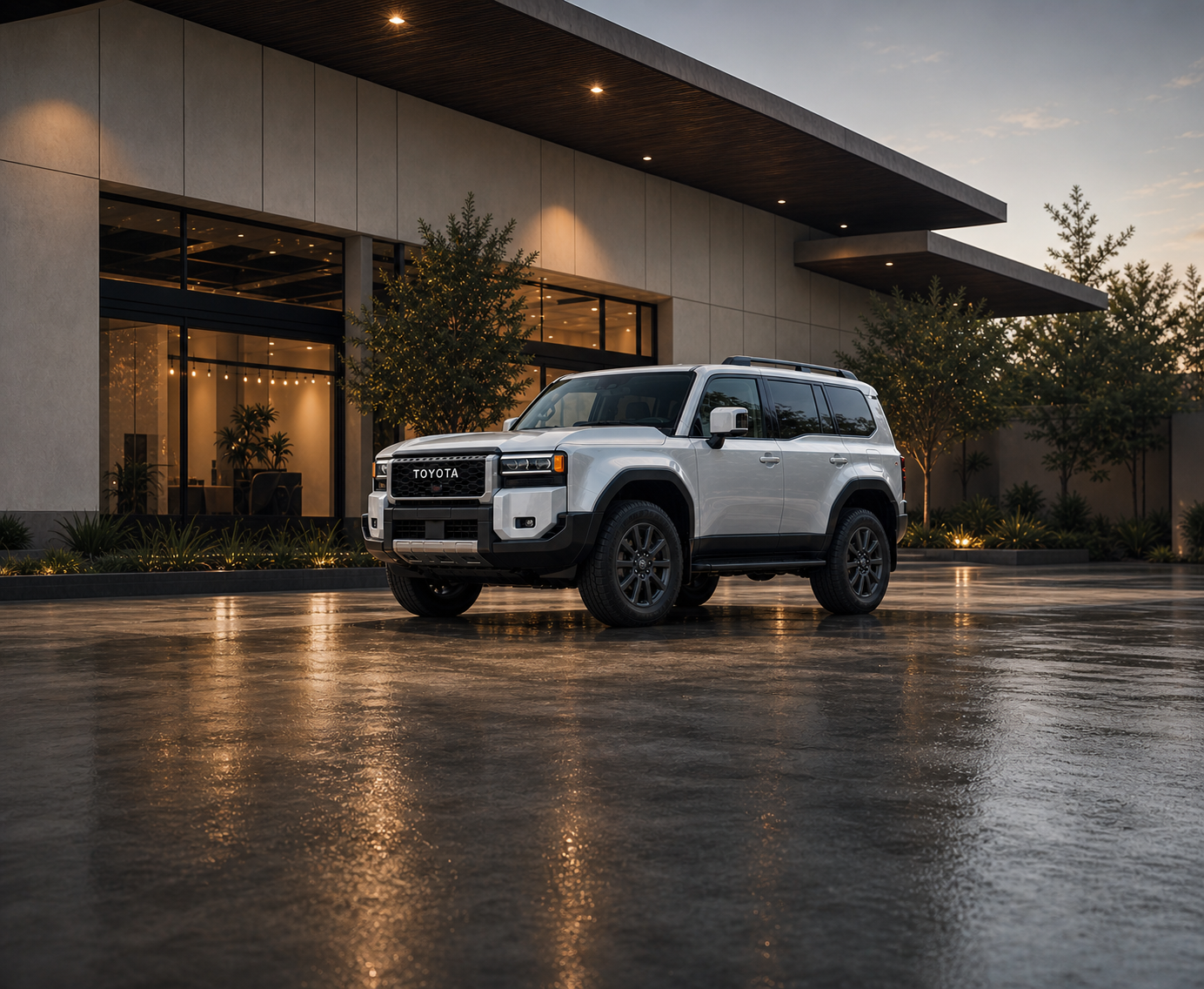 Silver Toyota Land Cruiser outside a modern dealership after rain